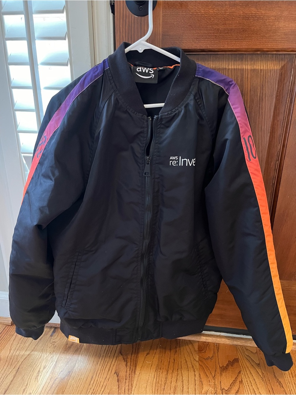 Black Bomber Jacket with Purple and Orange Sleeve Stripes